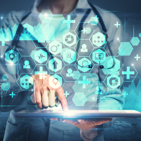 Medicine and future concept Female doctor hand using tablet with medical interface on blurry. Medicine and future concept. Double exposure
